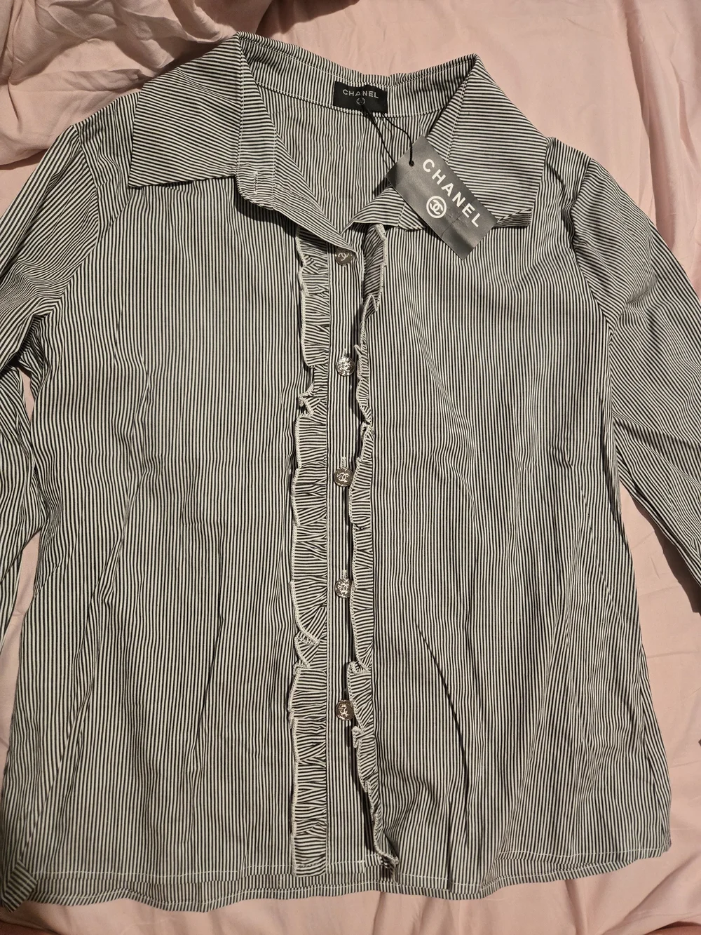 CHANEL Black & White Striped Button-Down Shirt